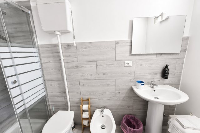 Bagno privato con lavabo a colonna, specchio, bidet e wc